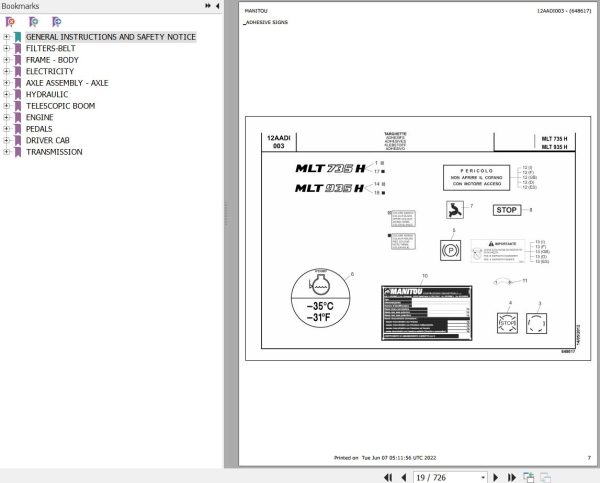 Manitou Telehandler MLT 935 H S2 E3 Parts Catalog 648617