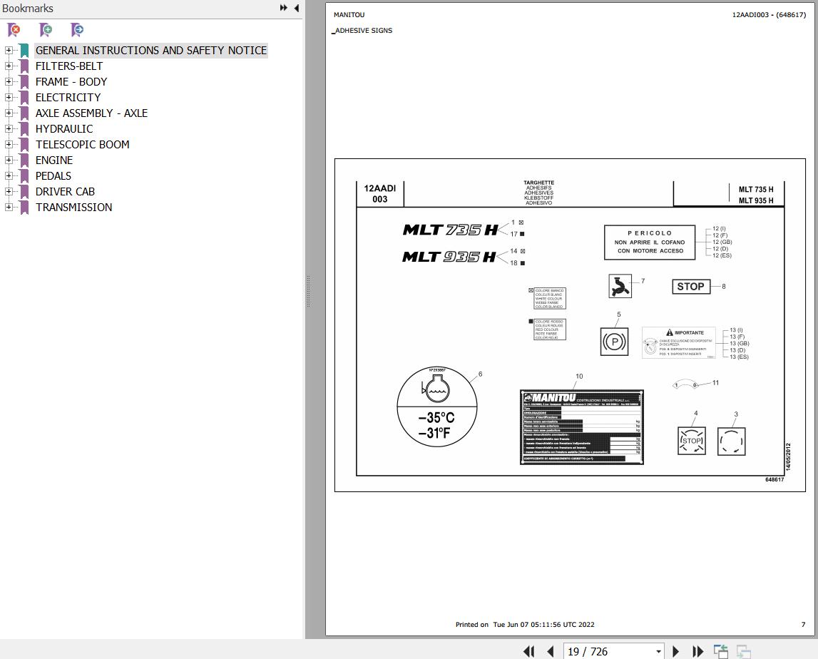 Manitou Telehandler MLT 935 H S2 E3 Parts Catalog 648617