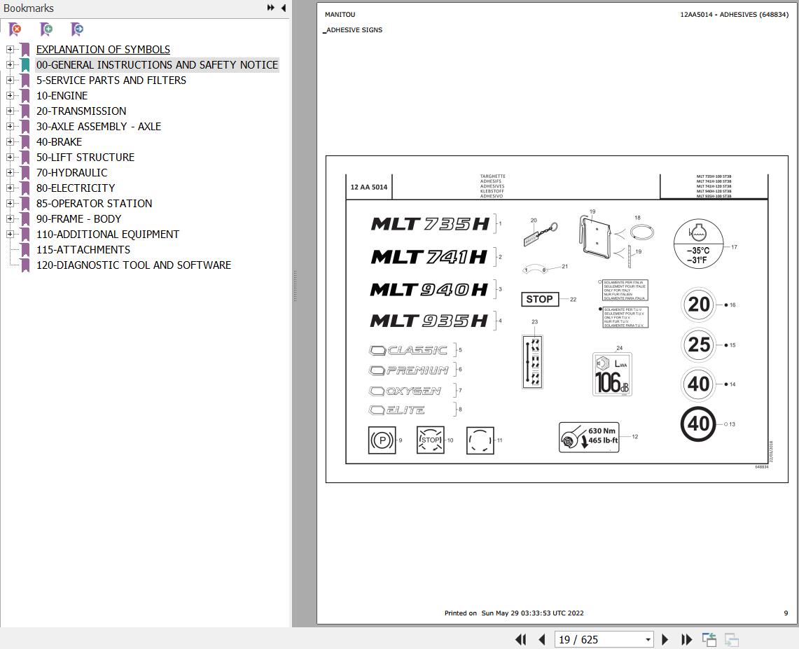 Manitou Telehandler MLT 940 120 H ST3B Parts Catalog 648834