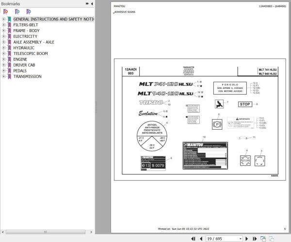 Manitou Telehandler MLT 940 H LSU E3 Parts Catalog 648450