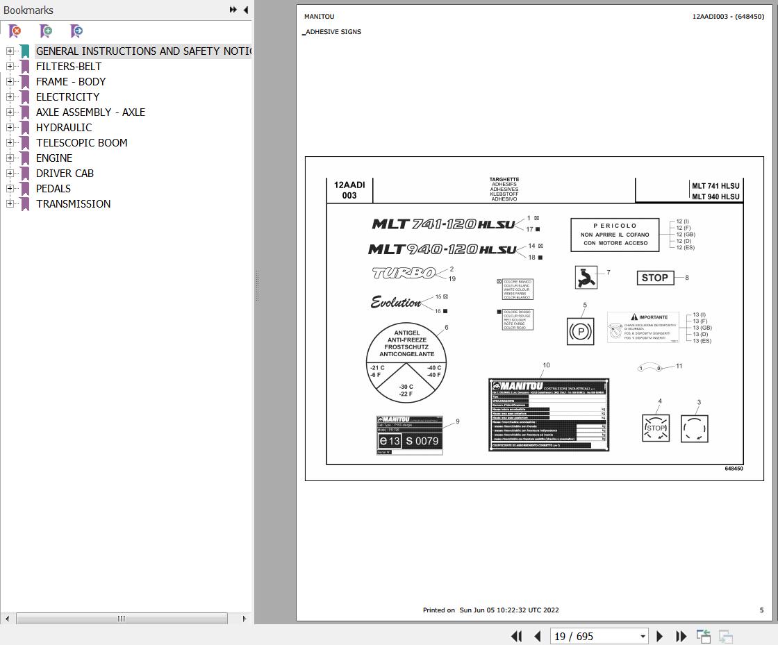 Manitou Telehandler MLT 940 H LSU E3 Parts Catalog 648450