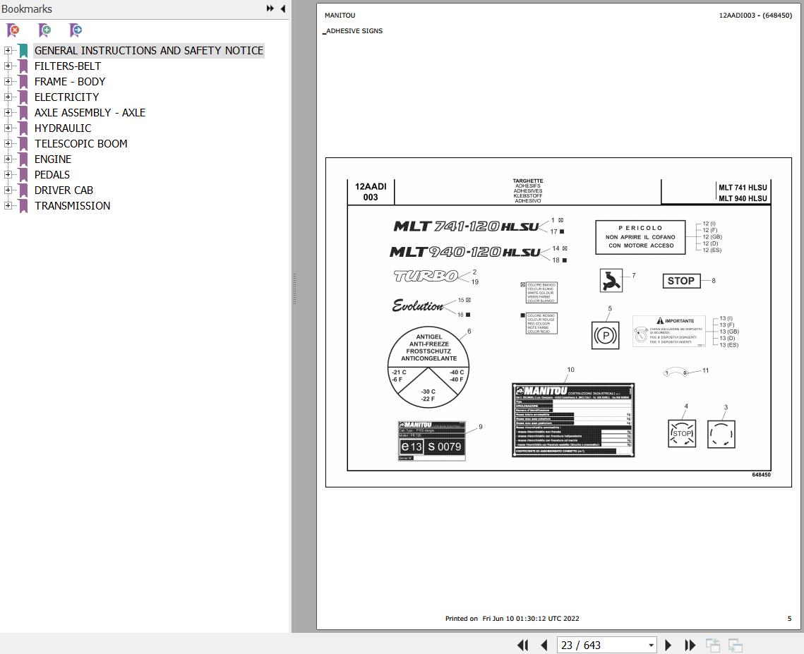 Manitou Telehandler MLT 940 H LSU TUV E3 Parts Catalog 648450