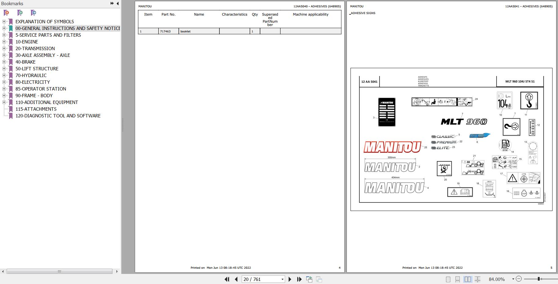 Manitou Telehandler MLT 960 104JD H ST4 S1 Parts Catalog 648905