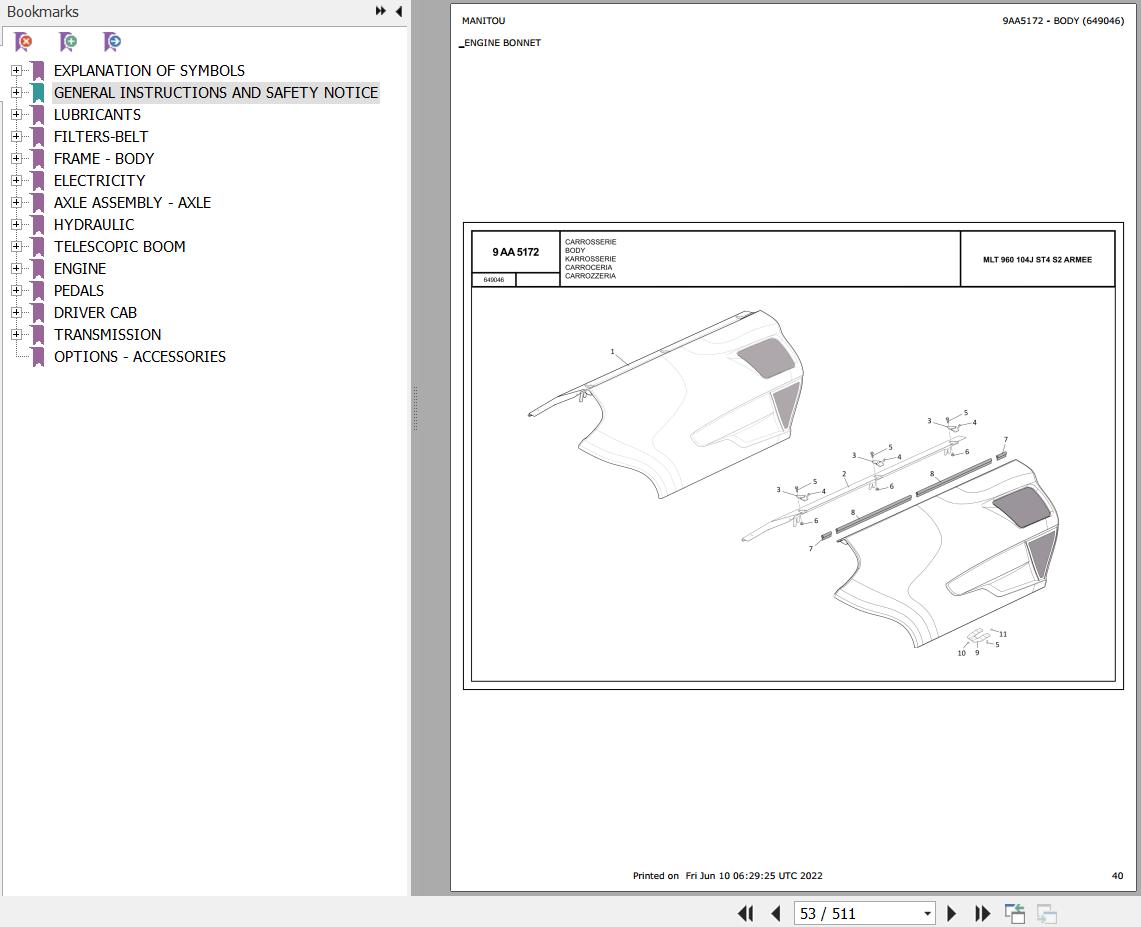 Manitou Telehandler MLT 960 104JD ST4 S2 ARMEE FRANCAISE Parts Catalog 649046