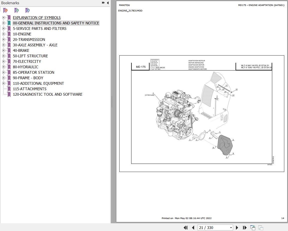 Manitou Telehandler MLT X 1040 140 PS L JD ST3A S1 Parts Catalog 647601