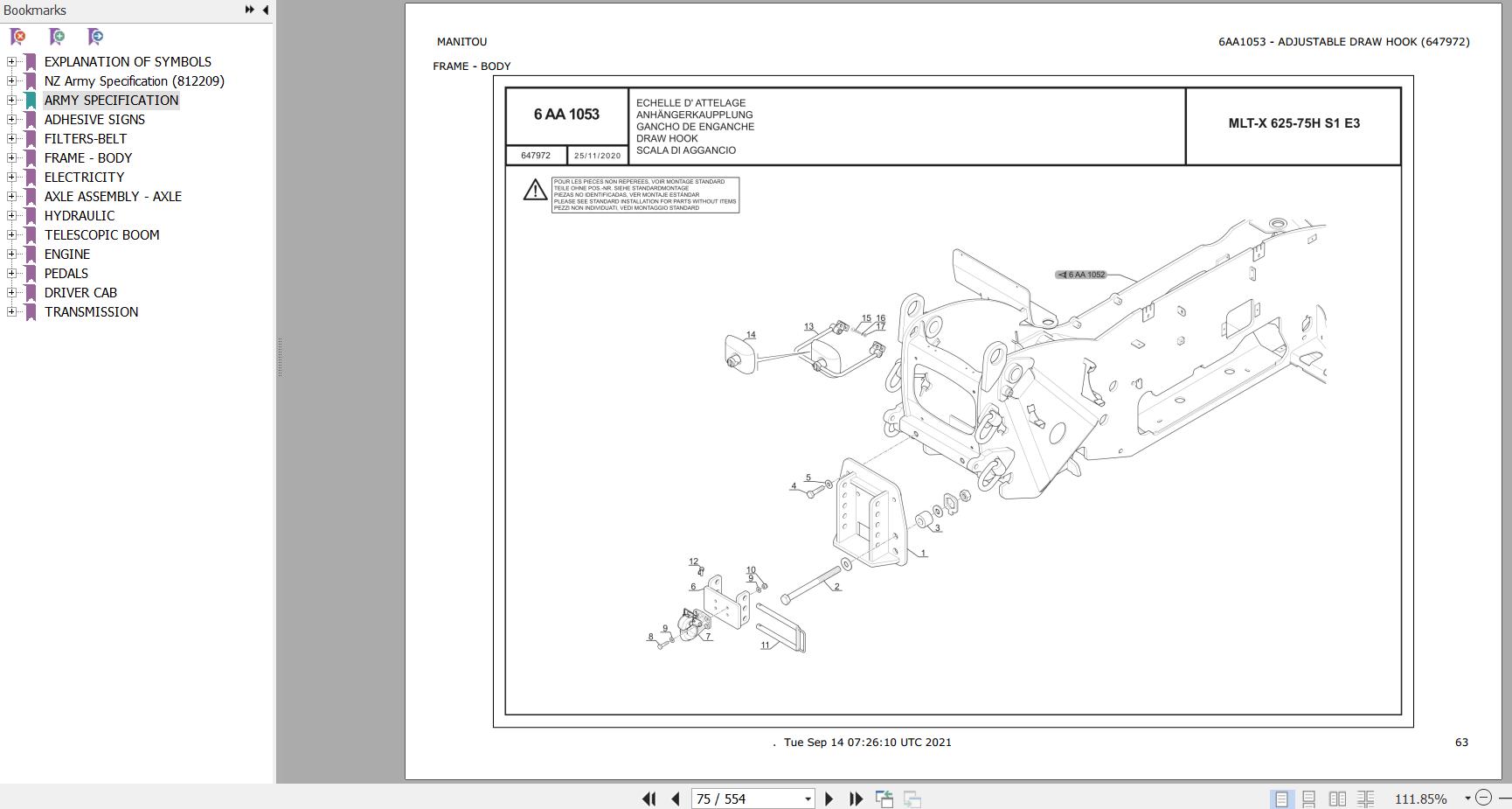 Manitou Telehandler MLT X 625 75H S1 E3 AUS ARMY Parts Catalog 647972