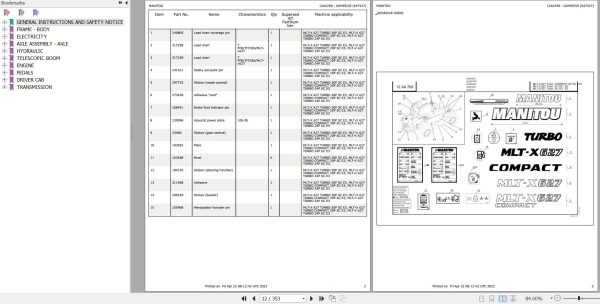 Manitou Telehandler MLT X 627 TURBO 24P SC E3 Parts Catalog 647427