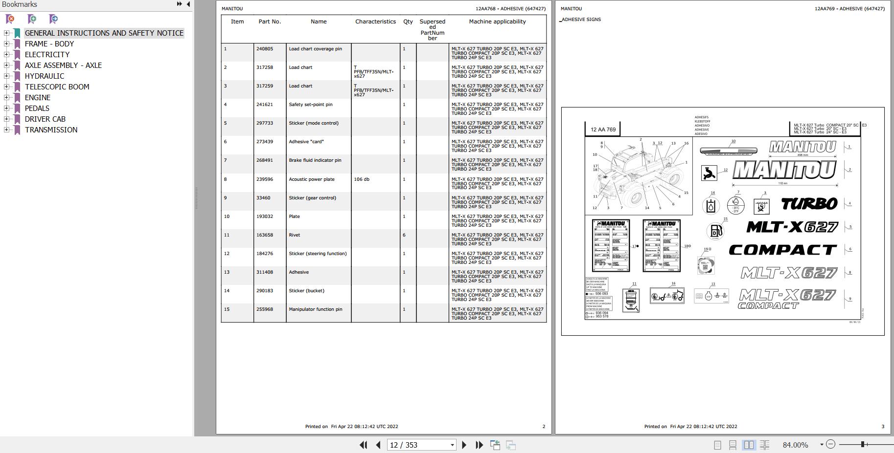 Manitou Telehandler MLT X 627 TURBO 24P SC E3 Parts Catalog 647427
