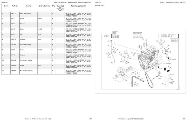 Manitou Telehandler MLT X 627 TURBO 24P SC E3 Parts Catalog 647427 1