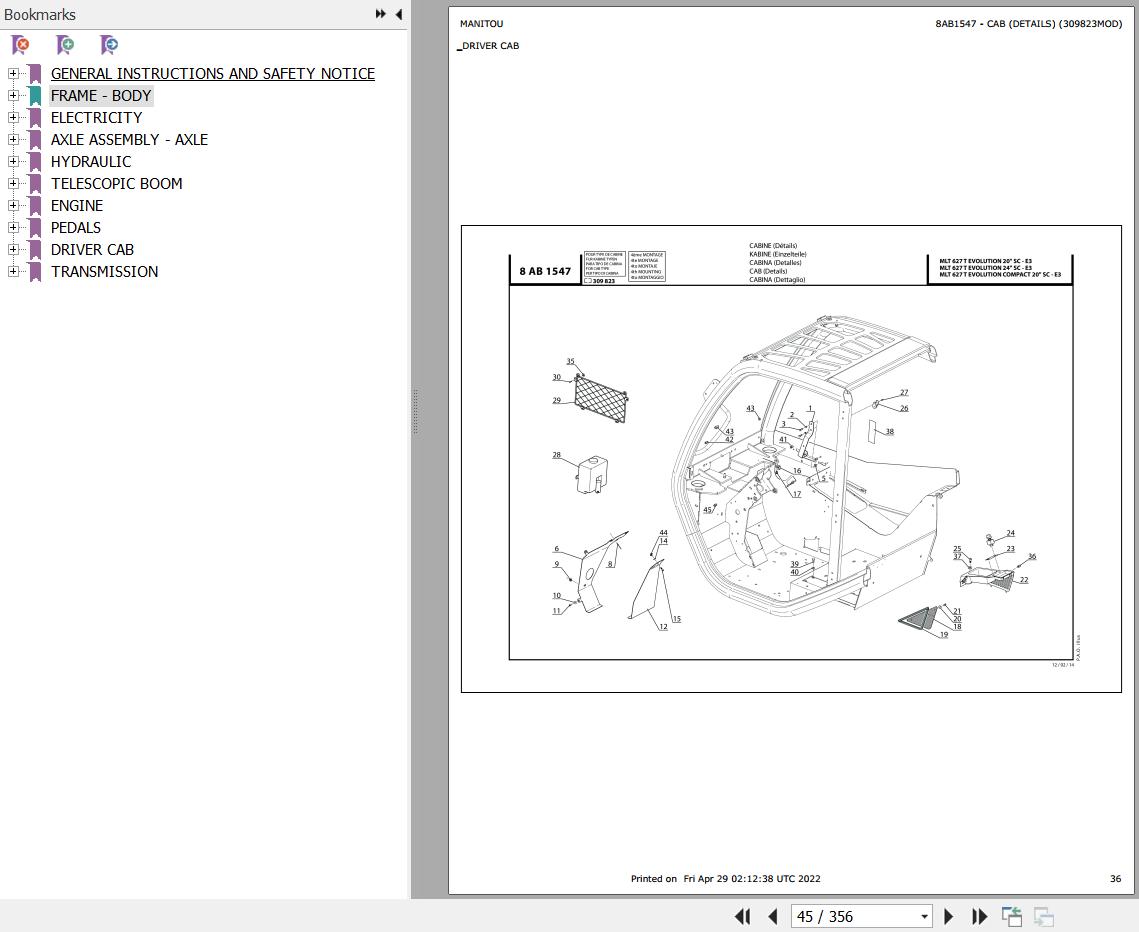 Manitou Telehandler MLT X 627 TURBO COMPACT 20P SC E3 Parts Catalog 647427