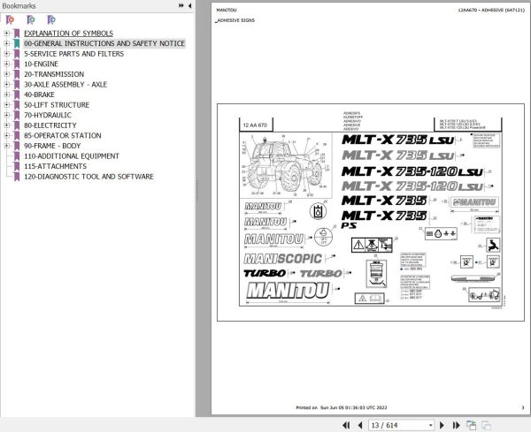 Manitou Telehandler MLT X 735 120 LSU PS S6 E3 Parts Catalog 647121