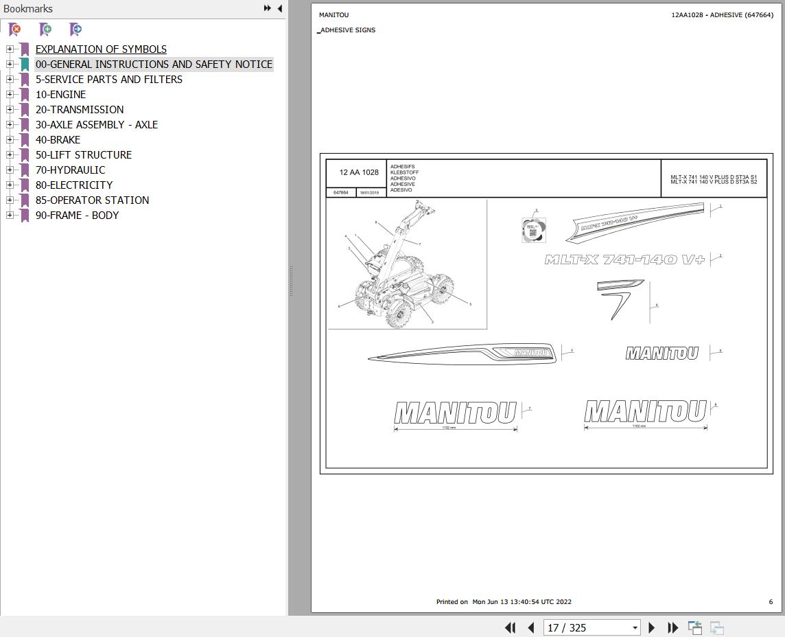 Manitou Telehandler MLT X 741 140 V PLUS D ST3A S1 Parts Catalog 647664