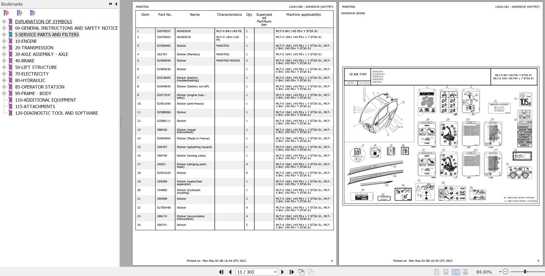 Manitou Telehandler MLT X 841 145 PS Y ST3A S1 Parts Catalog 647797
