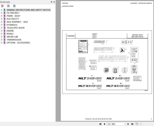 Manitou Telehandler MLT X 845 120 S5 E3 Parts Catalog 648616