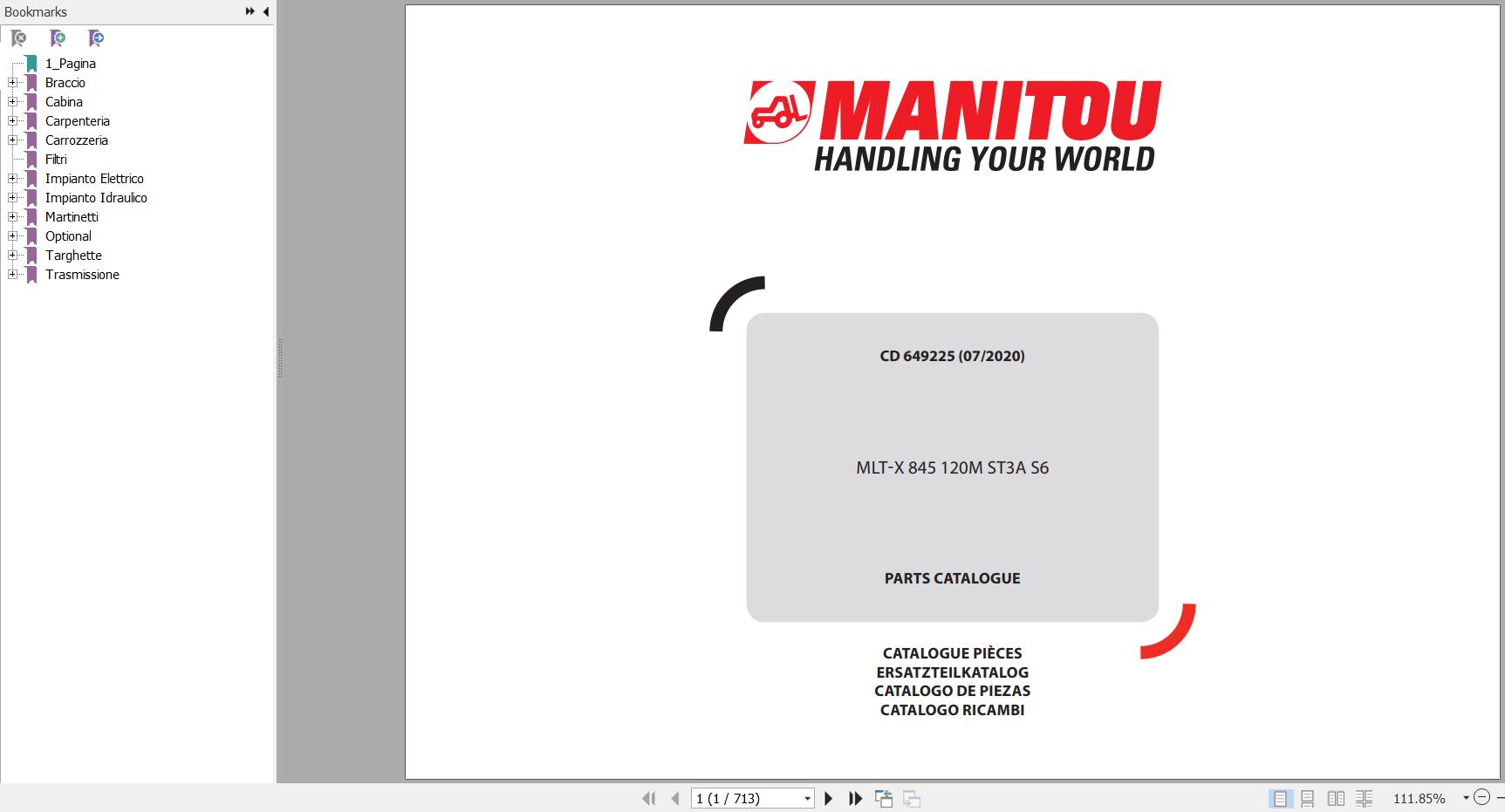 Manitou Telehandler MLT X 845 120M ST3A S6 Parts Catalog 649225