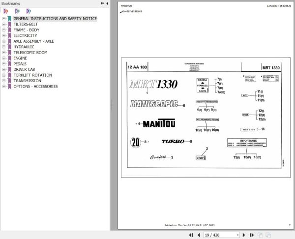 Manitou Telehandler MRT 1330 TURBO MOT 1004 4T Parts Catalog 547062
