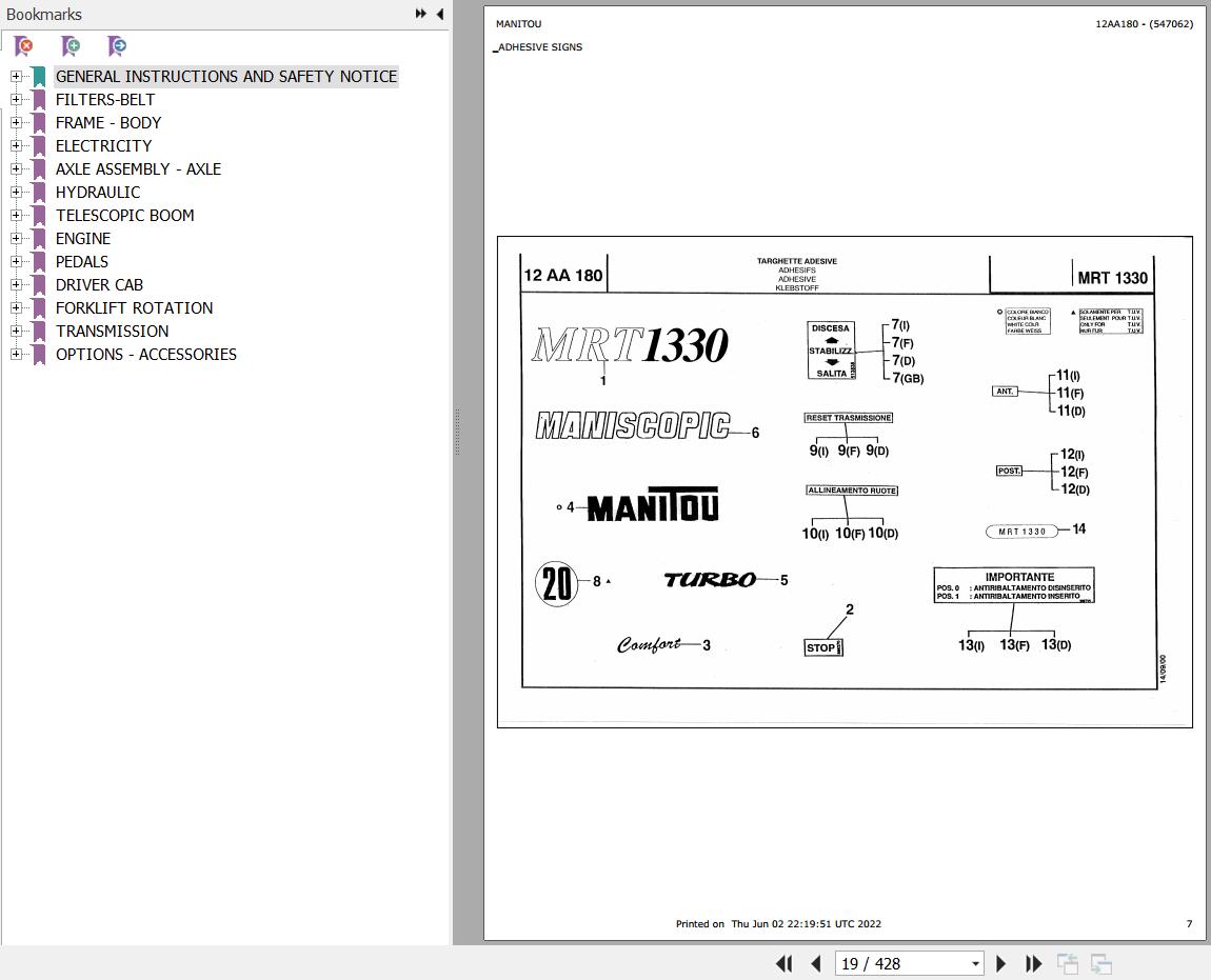 Manitou Telehandler MRT 1330 TURBO MOT 1004 4T Parts Catalog 547062