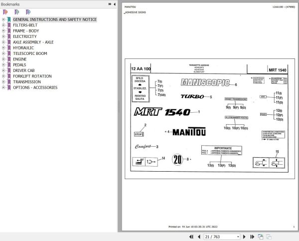 Manitou Telehandler MRT 1540 TURBO MOT 1004 4T Parts Catalog 47990
