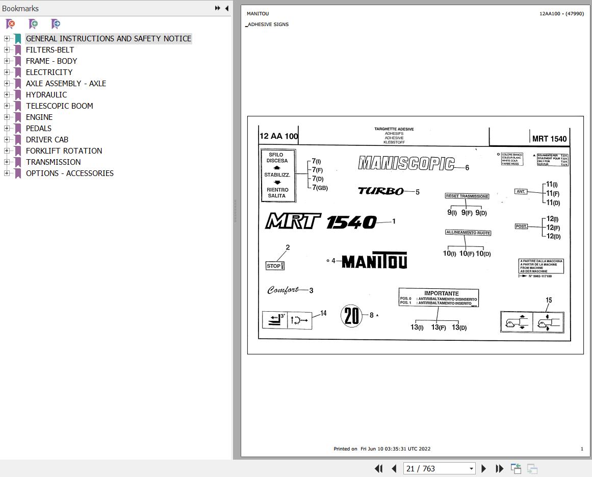 Manitou Telehandler MRT 1540 TURBO MOT 1004 4T Parts Catalog 47990