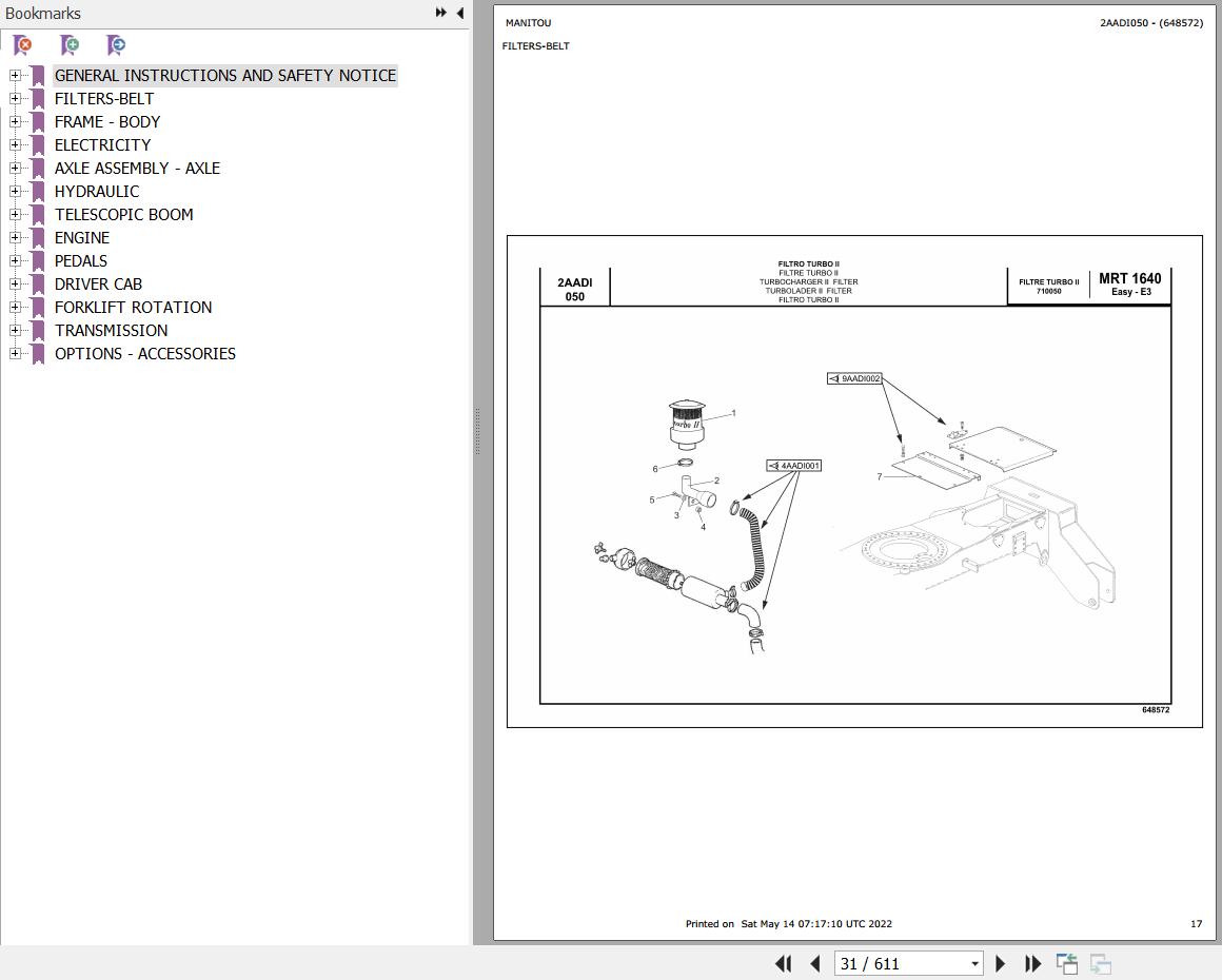 Manitou Telehandler MRT 1640 400 EASY MOT 1104D 44T E3 Parts Catalog 648572
