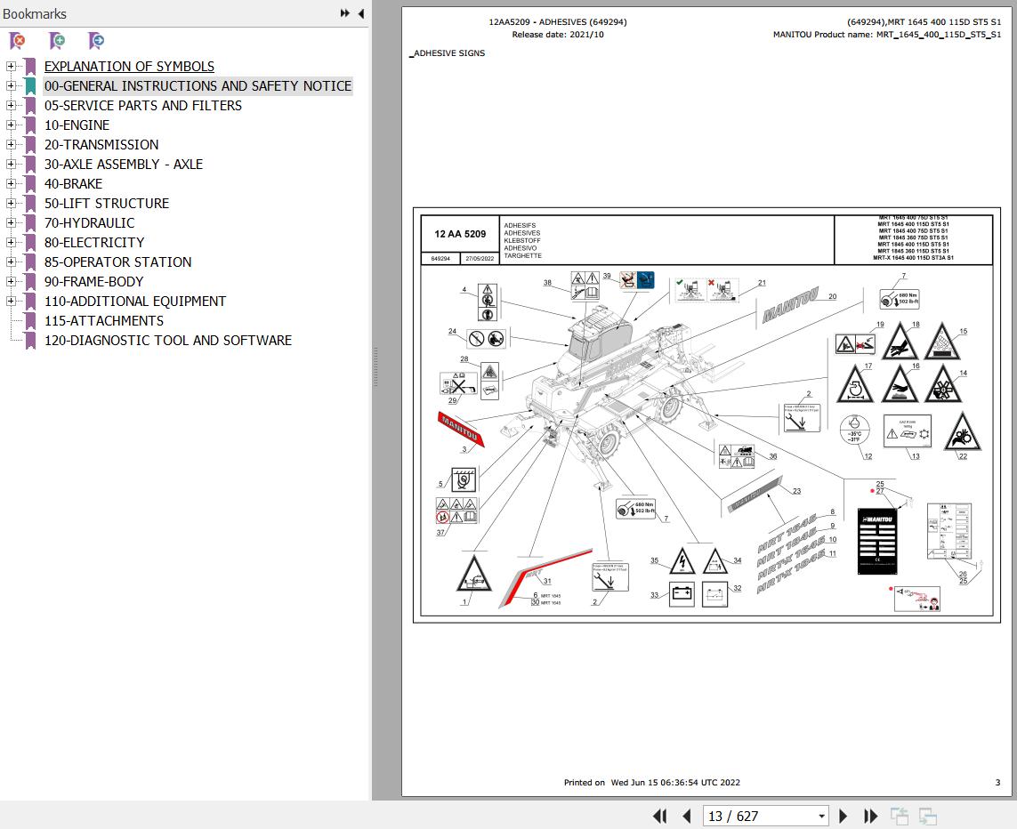 Manitou Telehandler MRT 1645 400 115D ST5 S1 Parts Catalog 649294