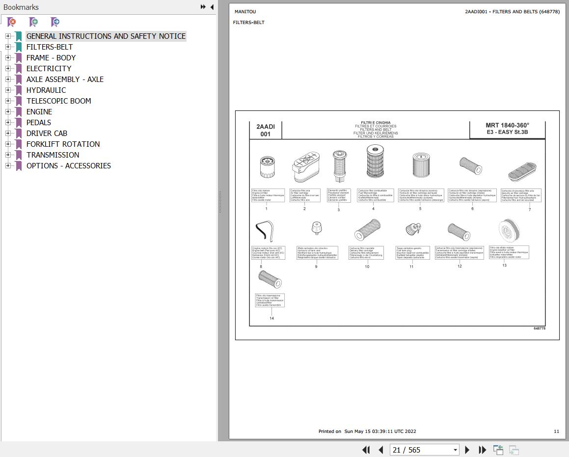Manitou Telehandler MRT 1840 360 EASY ST3 Parts Catalog 648778