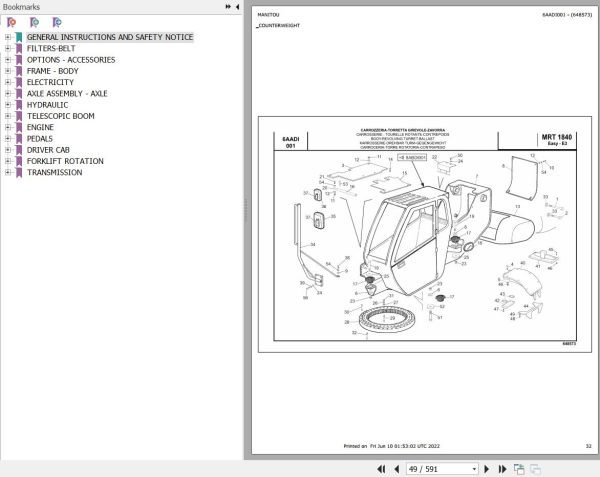 Manitou Telehandler MRT 1840 400 EASY MOT 1104D 44T E3 Parts Catalog 648573