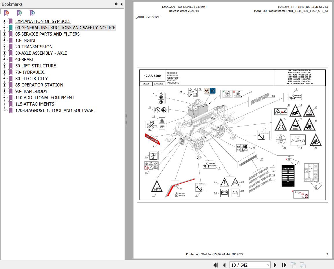 Manitou Telehandler MRT 1845 400 115D ST5 S1 Parts Catalog 649294