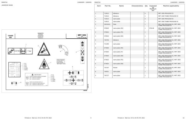 Manitou Telehandler MRT 1850 TURBO PRIVILEGE E3 Parts Catalog 648399 1