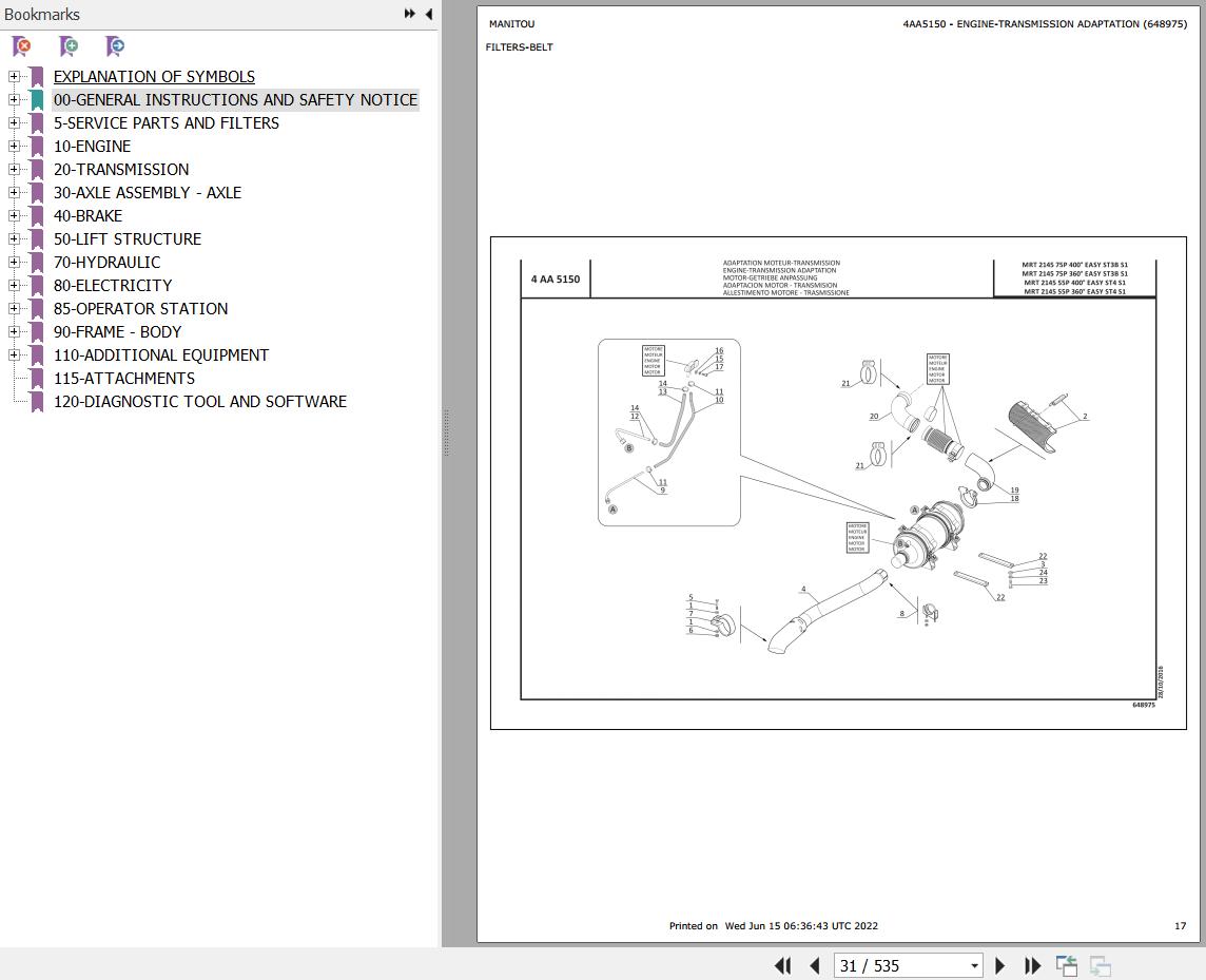 Manitou Telehandler MRT 2145 75P 360 EASY ST3B S1 Parts Catalog 648975