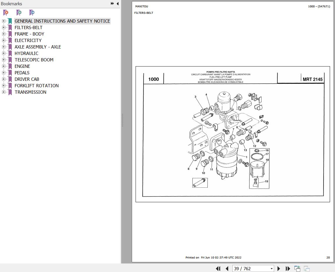 Manitou Telehandler MRT 2145 TURBO COMFORT LINE MOT 1004 40T Parts Catalog 547671