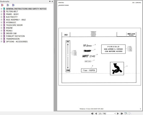 Manitou Telehandler MRT 2145 TURBO SERIE M MOT 1004 40T Parts Catalog 648104