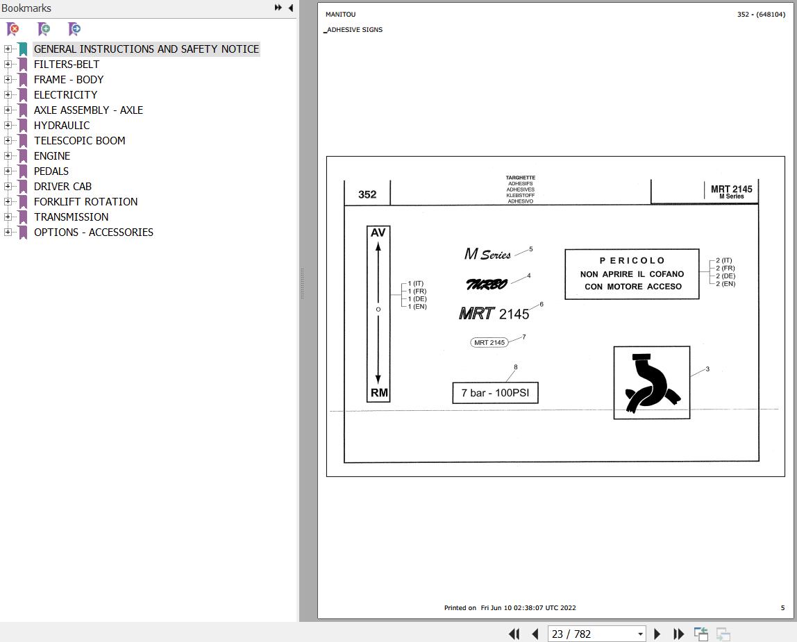 Manitou Telehandler MRT 2145 TURBO SERIE M MOT 1004 40T Parts Catalog 648104