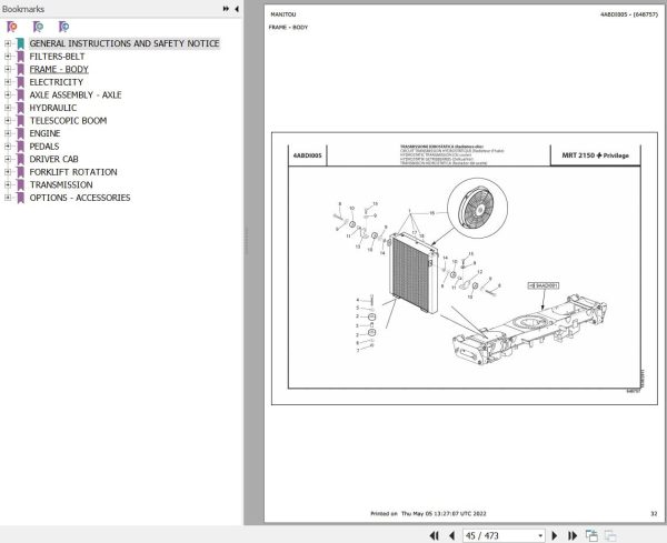 Manitou Telehandler MRT 2150 PRIVILEGE PLUS ARMEE FRANCAISE Parts Catalog 648757