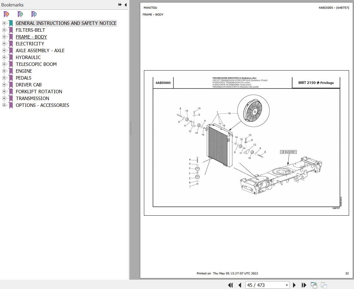 Manitou Telehandler MRT 2150 PRIVILEGE PLUS ARMEE FRANCAISE Parts Catalog 648757