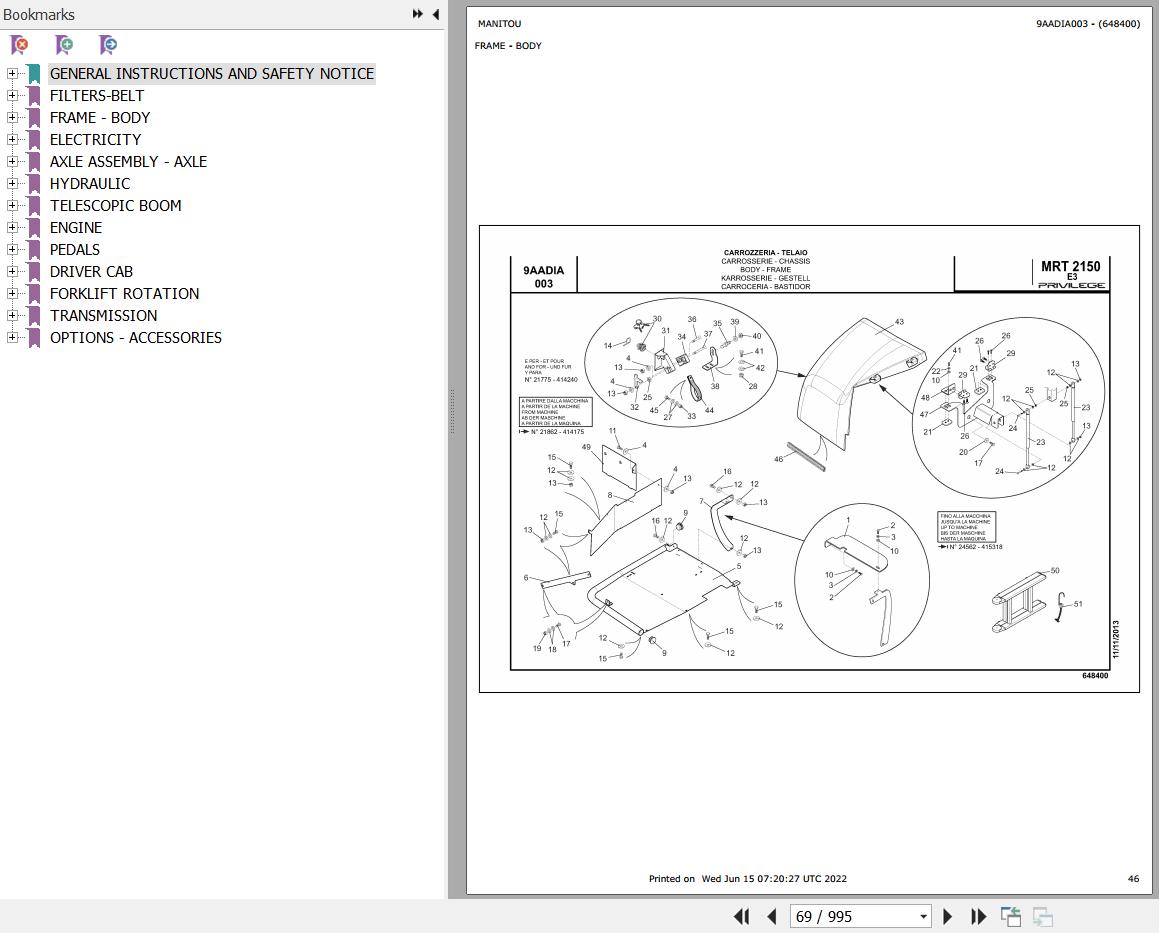 Manitou Telehandler MRT 2150 TURBO PRIVILEGE E3 Parts Catalog 648400
