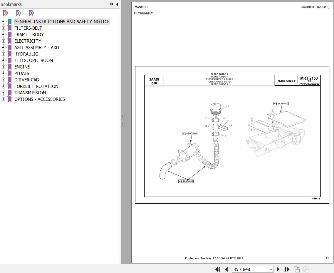 Manitou Telehandler MRT 2150 TURBO SAUER PRIVILEGE E3 Parts Catalog 648418