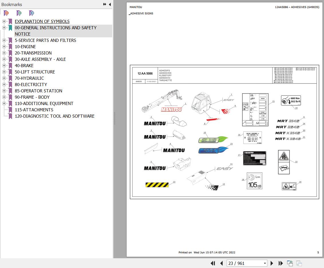 Manitou Telehandler MRT 2545 75P 400 EASY ST3B S2 Parts Catalog 649035