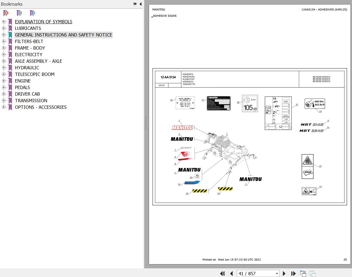 Manitou Telehandler MRT 2545 EASY 75P 400 ST4 S1 Parts Catalog 649125