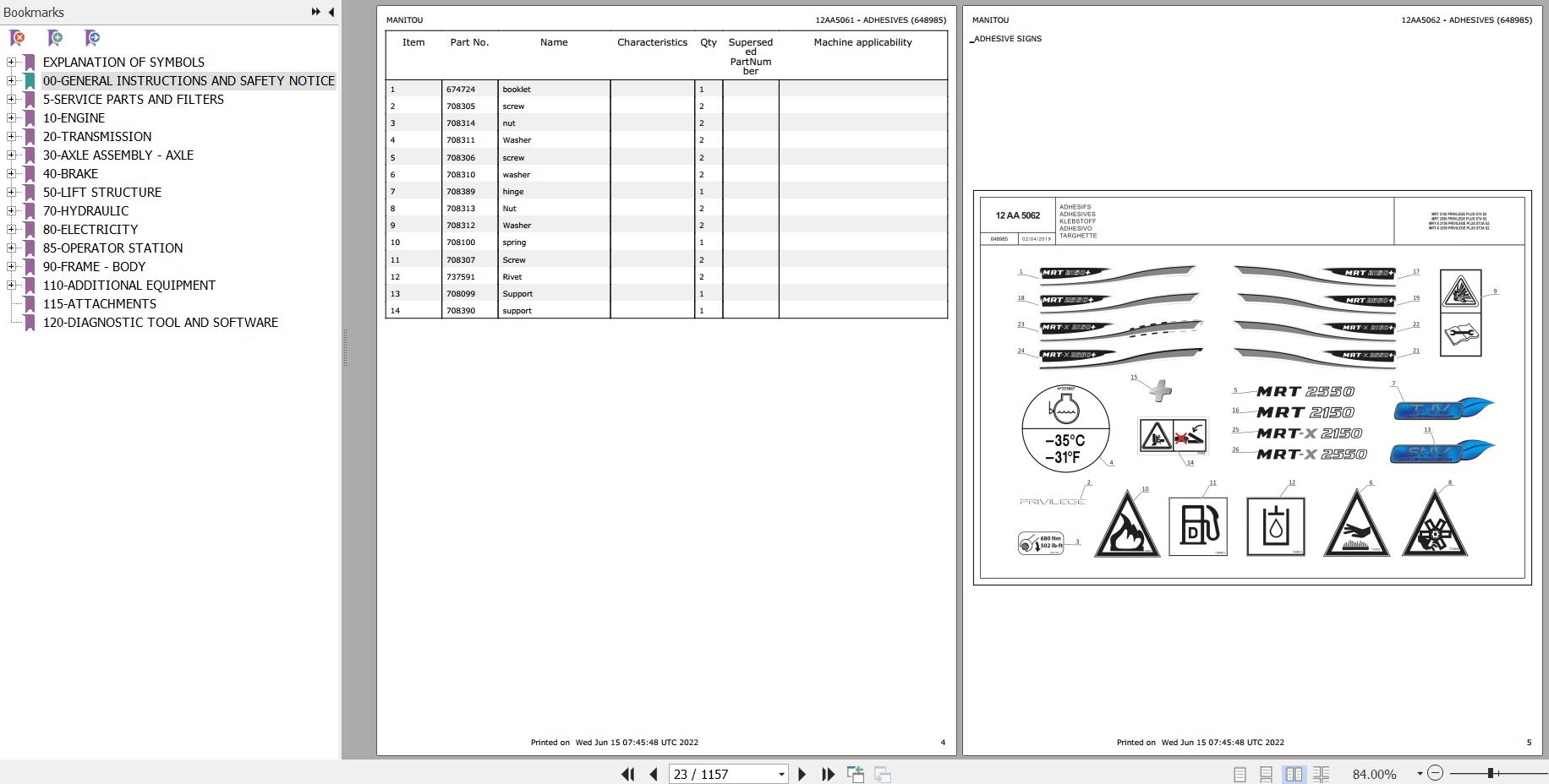 Manitou Telehandler MRT 2550 PRIVILEGE PLUS ST4 S2 Parts Catalog 648985
