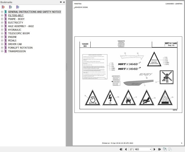 Manitou Telehandler MRT X 1440 400 EASY MOT 1104D 44T E3 Parts Catalog 648704