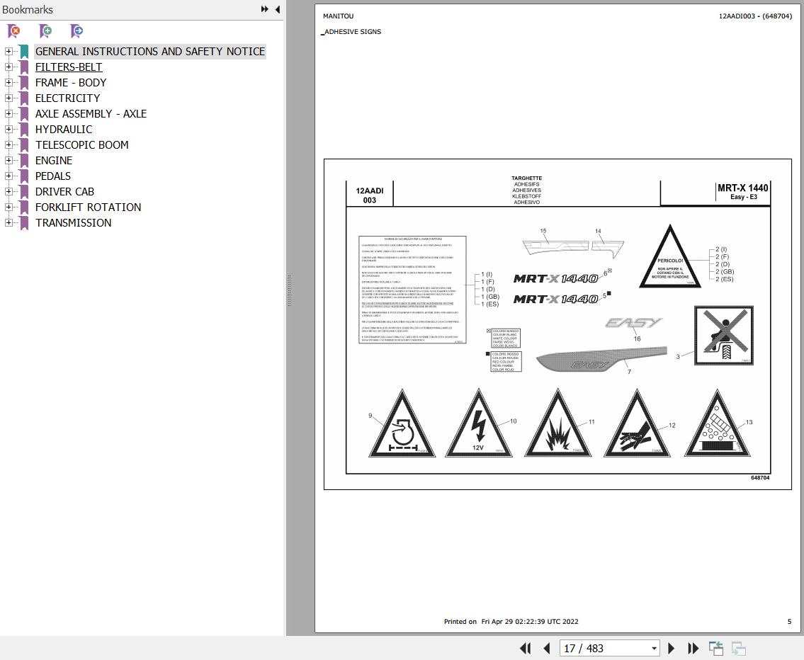 Manitou Telehandler MRT X 1440 400 EASY MOT 1104D 44T E3 Parts Catalog 648704