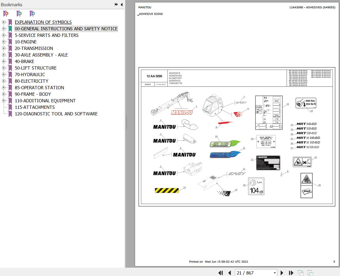 Manitou Telehandler MRT X 1440 EASY 75P 400 ST3A S2 Parts Catalog 649055