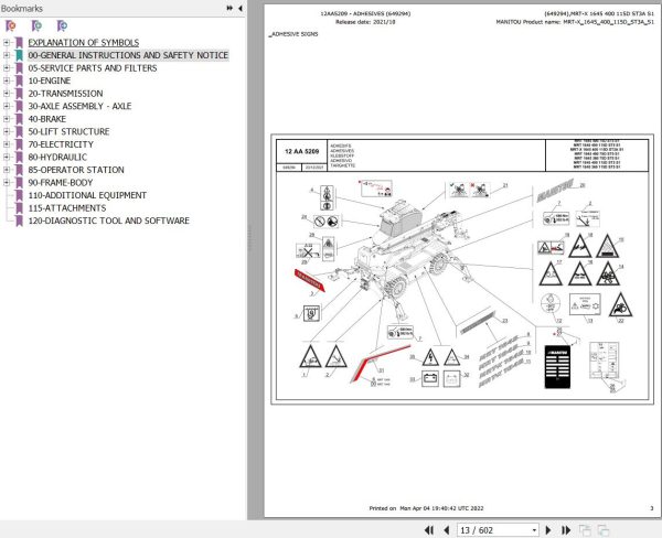 Manitou Telehandler MRT X 1645 400 115D ST3A S1 Parts Catalog 649294