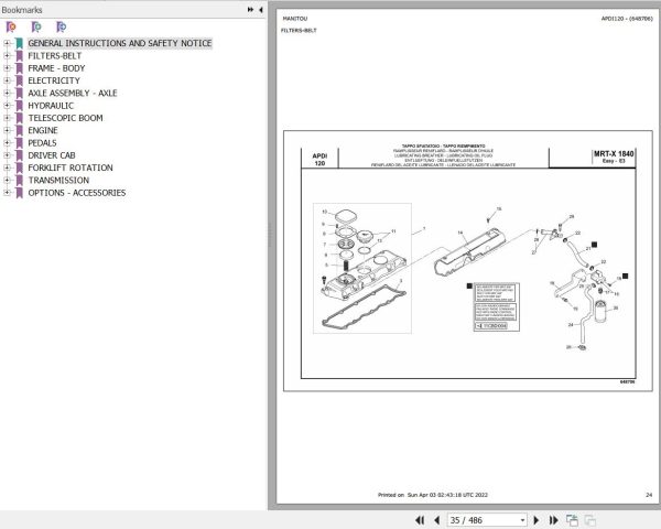 Manitou Telehandler MRT X 1840 400 EASY MOT 1104D 44T E3 Parts Catalog 648706