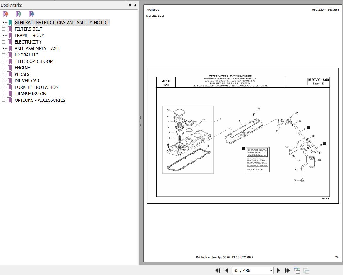 Manitou Telehandler MRTX 1840 400 EASY MOT 1104D 44T E3 Parts Catalog