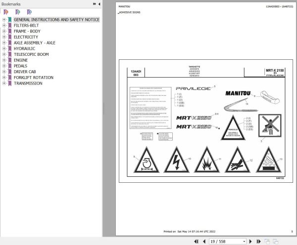 Manitou Telehandler MRT X 2150 PRIVILEGE E3 Parts Catalog 648722