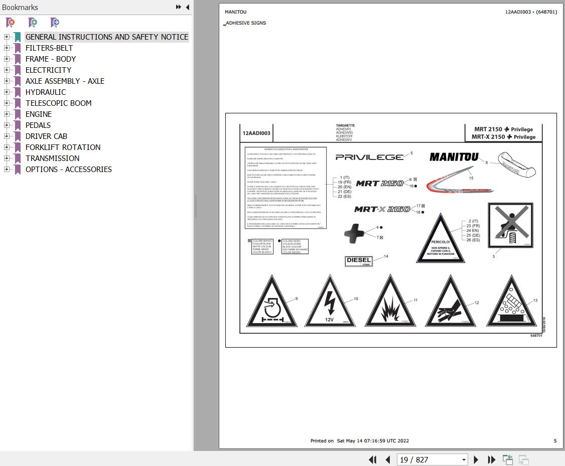 Manitou Telehandler MRT X 2150 PRIVILEGE PLUS Parts Catalog 648701