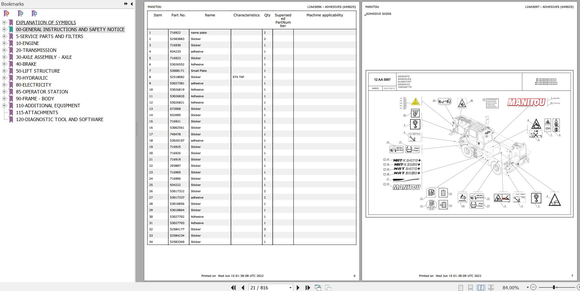 Manitou Telehandler MRT X 3050 PRIVILEGE PLUS ST3A S1 Parts Catalog 649025