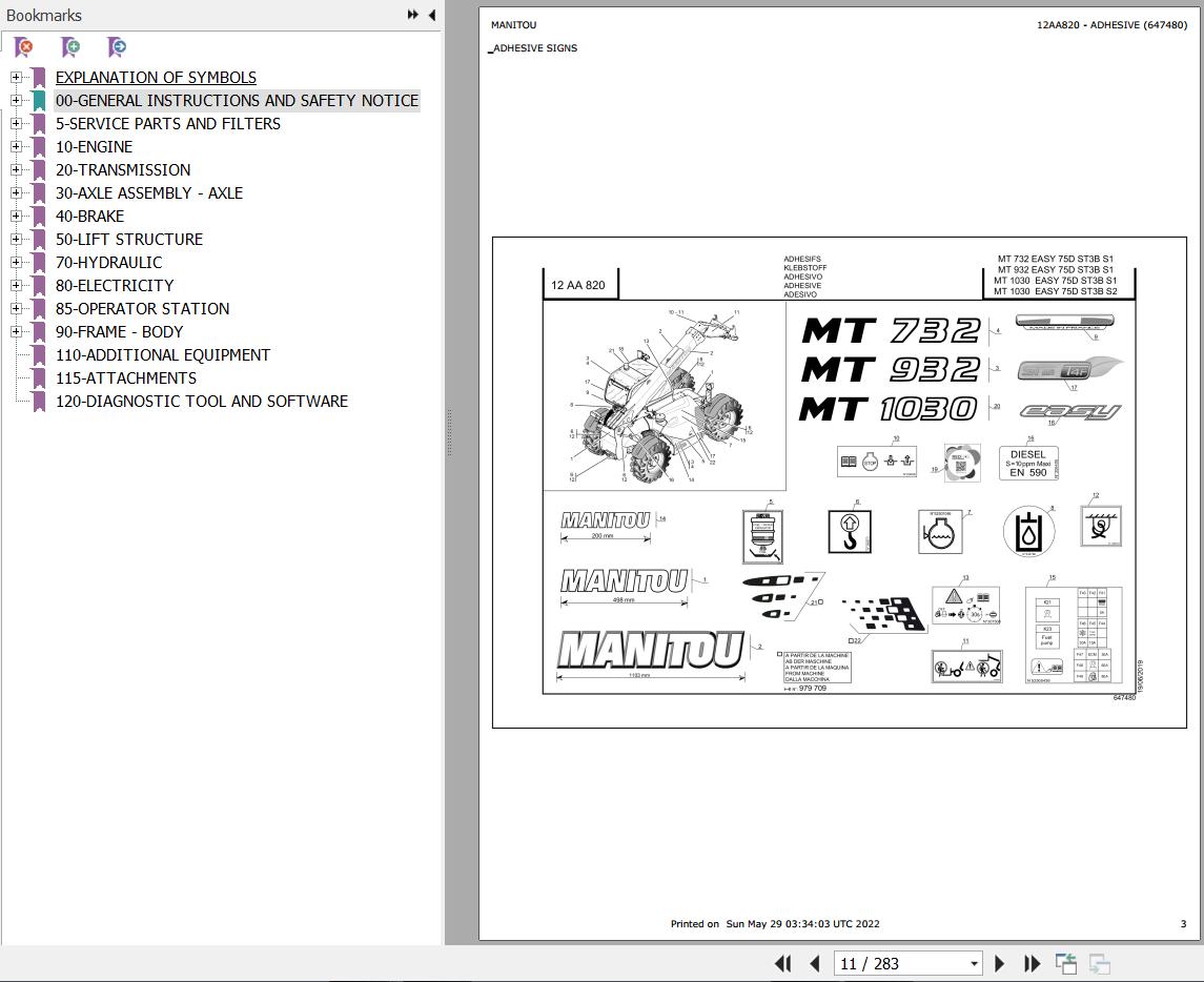 Manitou Telehandler MT 1030 EASY 75D ST3B S1 Parts Catalog 647480
